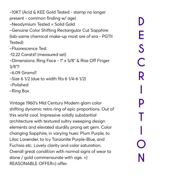 10KT COLOR CHANGING 12.22 CARAT SAPPHIRE YELLOW GOLD MID CENTURY MODERN RING - Picture 14 of 14